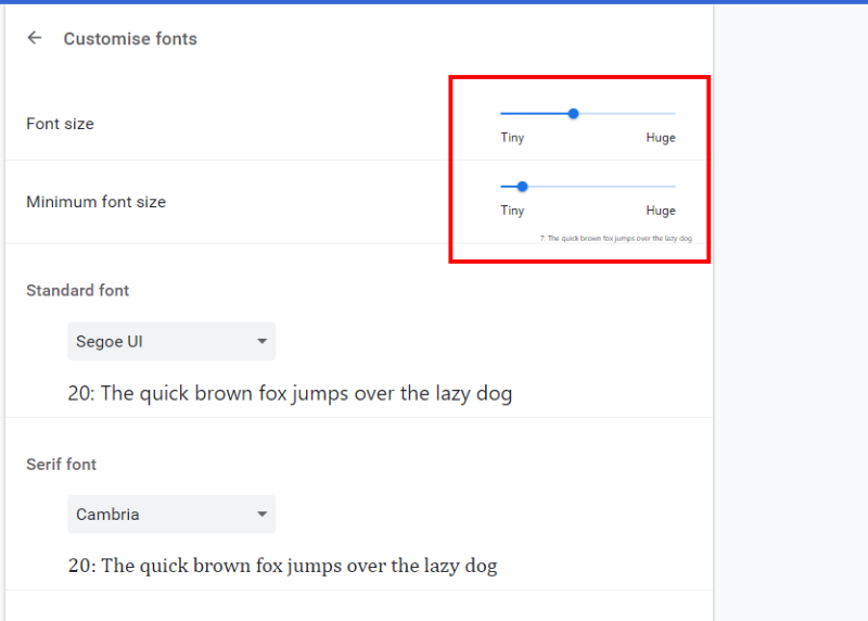 Change the font size and minimum font size with the sliders